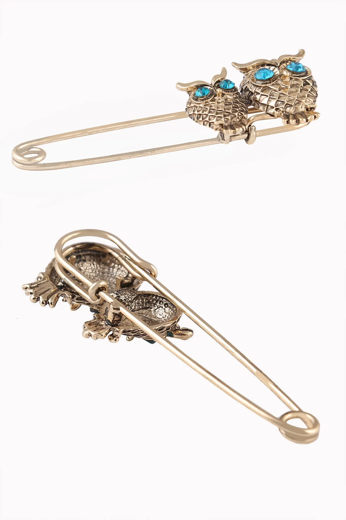 Vintage Style Antique Gold Double Owl Bird Metal Safety Pin Brooch