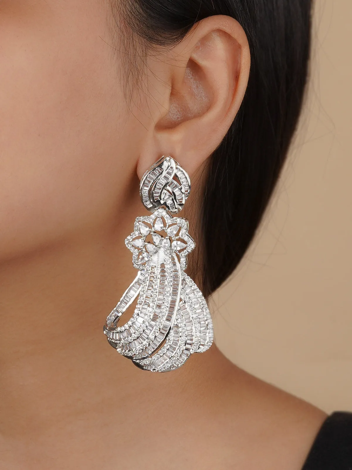 White Color Silver Plated Faux Diamond Earrings - CZEAR538